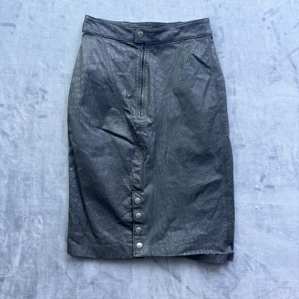 Vintage G-III Leather Fashions Black Croc Embossed Leather Pencil Skirt 5/6